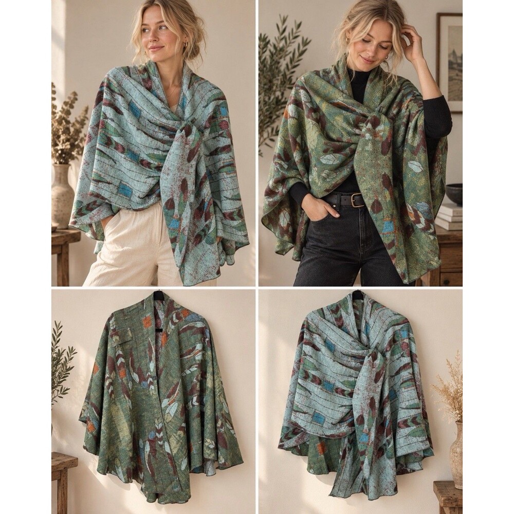 100% Cashmere Reversible Reverse Loop Shawl Wrap Poncho Cape Aqua Olive Boho